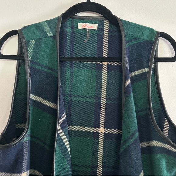 Rosette Womens Size Large Green Blue Plaid Sleeveless Cardigan Faux Leather Trim - Picture 3 of 7
